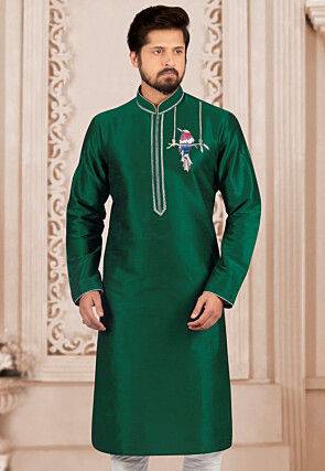Embroidered Dupion Silk Kurta in Teal Green