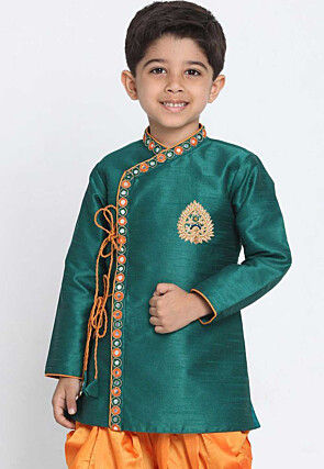 Embroidered Dupion Silk Angrakha Style Kurta in Teal Green