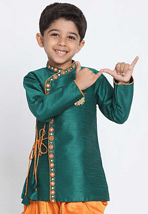 Embroidered Dupion Silk Angrakha Style Kurta in Teal Green