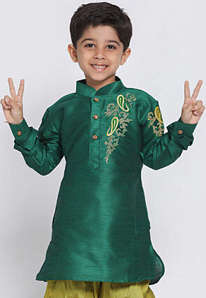 Embroidered Dupion Silk Kurta in Teal Green