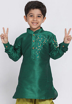 Embroidered Dupion Silk Kurta in Teal Green