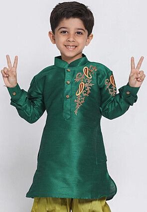 Embroidered Dupion Silk Kurta in Teal Green
