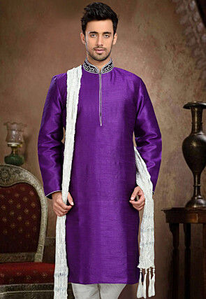Embroidered Dupion Silk Kurta in Violet