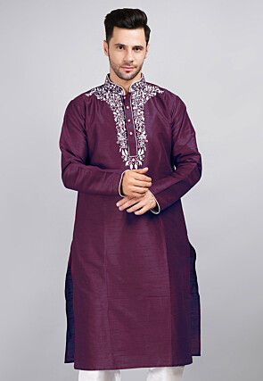 Embroidered Dupion Silk Kurta in Violet
