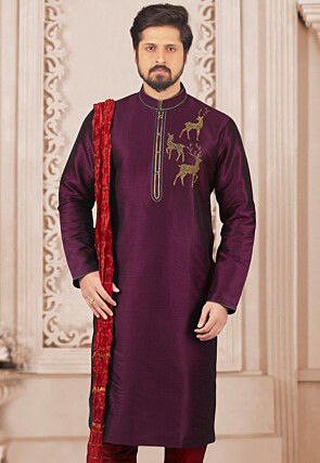 Embroidered Dupion Silk Kurta in Violet