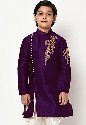 Embroidered Dupion Silk Kurta in Voilet
