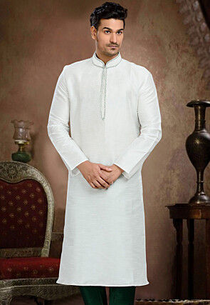 Embroidered Dupion Silk Kurta in White