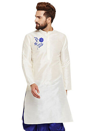 Embroidered Dupion Silk Kurta in White