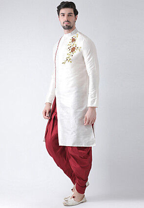 Embroidered Dupion Silk Kurta in White