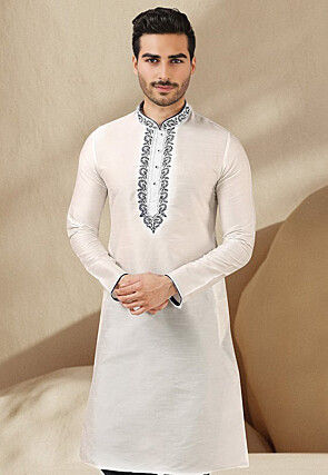 Embroidered Dupion Silk Kurta in White