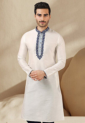 Embroidered Dupion Silk Kurta in White