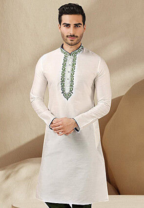 Embroidered Dupion Silk Kurta in White