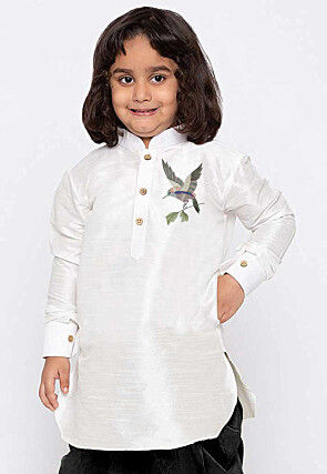 Embroidered Dupion Silk Kurta in White
