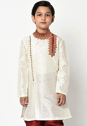 Embroidered Dupion Silk Kurta in White
