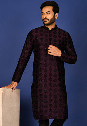 Embroidered Dupion Silk Kurta in Wine