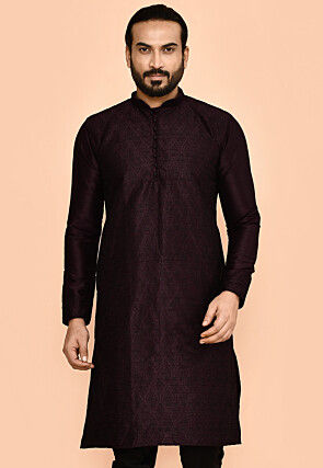 Embroidered Dupion Silk Kurta in Wine