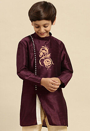 Embroidered Dupion Silk Kurta in Wine