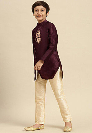 Embroidered Dupion Silk Kurta in Wine