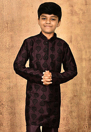 Embroidered Dupion Silk Kurta in Wine