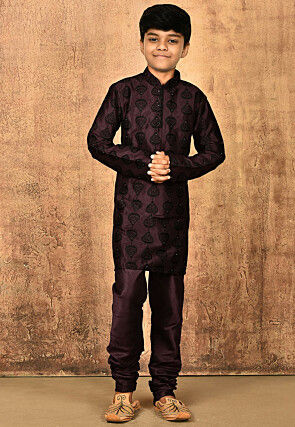 Embroidered Dupion Silk Kurta in Wine