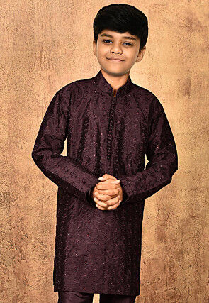 Embroidered Dupion Silk Kurta in Wine