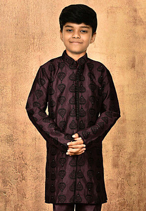 Embroidered Dupion Silk Kurta in Wine