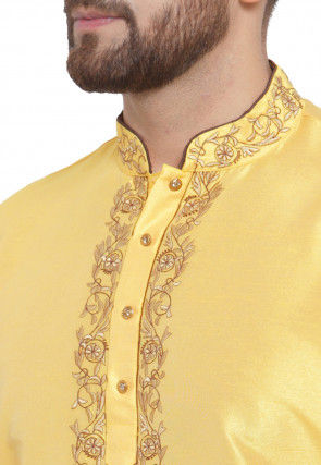 Embroidered Dupion Silk Kurta in Yellow