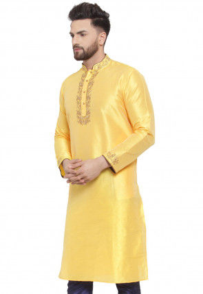 Embroidered Dupion Silk Kurta in Yellow