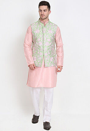 Buy Traditional Wear Light Green Printed Work Art Silk Kurta Pajama With  Jacket Online From Surat Wholesale Shop.