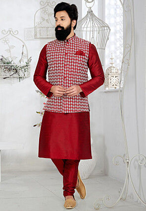 Men Red & Yellow Kurta with Churidar & Printed Nehru Jacket - KRAFT INDIA -  3738504