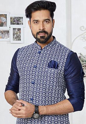 Embroidered Dupion Silk Kurta Jacket Set in Navy Blue