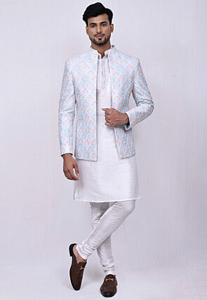 Embroidered Dupion Silk Kurta Jacket Set in Off White and Blue