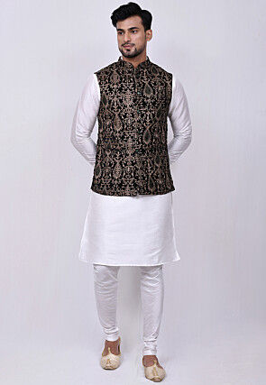 Embroidered Dupion Silk Kurta Jacket Set in Off White and Green