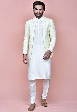 Embroidered Dupion Silk Kurta Jacket Set in Off White