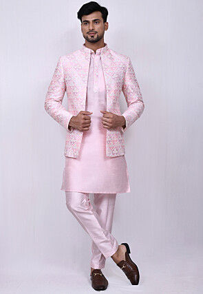 Embroidered Dupion Silk Kurta Jacket Set in Pink