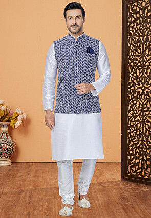 Buy SOJANYA Men Silk Blend Sky Blue Kurta Pyjama & Navy Blue Nehru Jacket  (Set of 3) online