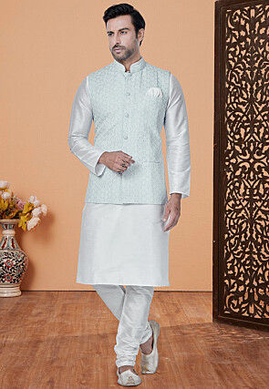 Embroidered Dupion Silk Kurta Jacket Set in White and Sky Blue