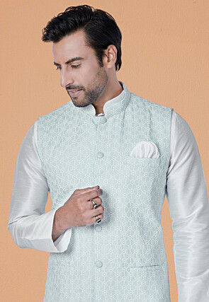 Embroidered Dupion Silk Kurta Jacket Set in White and Sky Blue