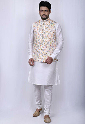 Embroidered Dupion Silk Kurta Jacket Set in White