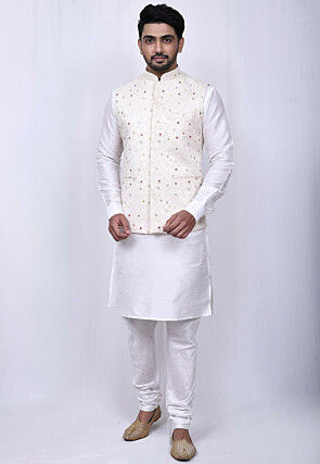 Embroidered Dupion Silk Kurta Jacket Set in White