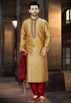 Embroidered Dupion Silk Kurta Pajama in Beige