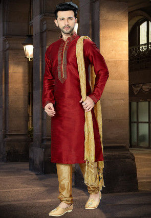 Embroidered Dupion Silk Kurta Pajama in Maroon