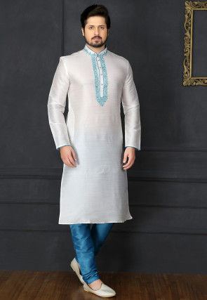 Embroidered Dupion Silk Kurta Pyjama in Off White