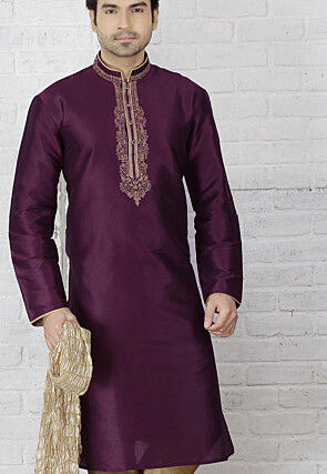 Embroidered Dupion Silk Kurta Pyjama in Violet