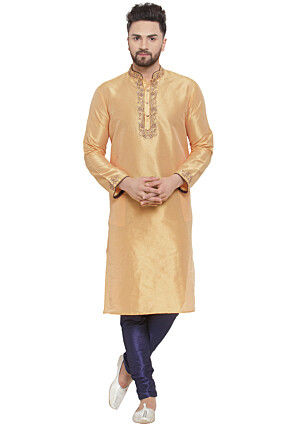 Embroidered Dupion Silk Kurta Set in Beige