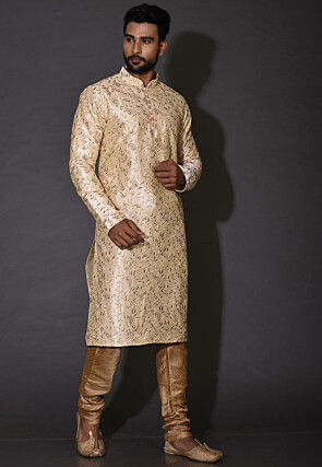 Embroidered Dupion Silk Kurta Set in Beige
