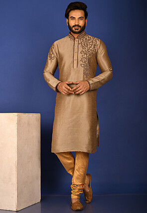 Embroidered Dupion Silk Kurta Set in Beige