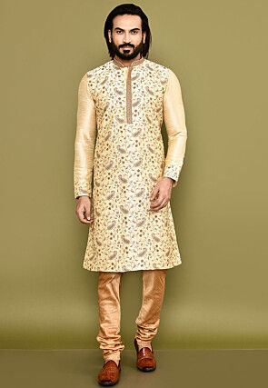 Embroidered Dupion Silk Kurta Set in Beige