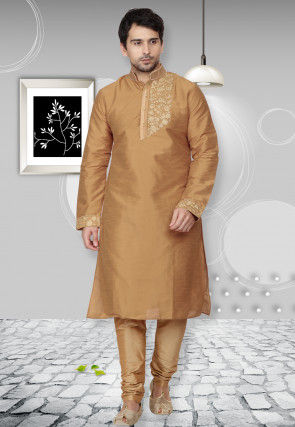 Embroidered Dupion Silk Kurta Set in Beige