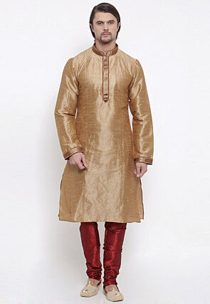 Embroidered Dupion Silk Kurta Set in Beige